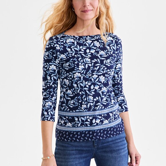 NWT, Style &CO. Floral Cotton Round-Neck Top, 3/4 sleeve, Gram Blue, Small - Picture 1 of 10